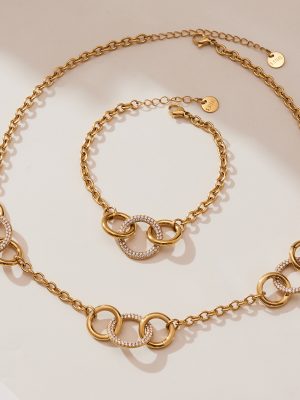 Light Luxury Diamond Ring Hand-Stitched Bracelet Necklace 18K Gold Plating All-Match Stainless Steel Jewelry