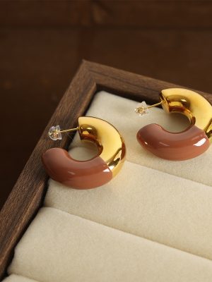 New Retro Affordable Luxury Design Stainless Steel Gold Plated Geometric C- Shaped Color Glaze Earrings Jewelry Women