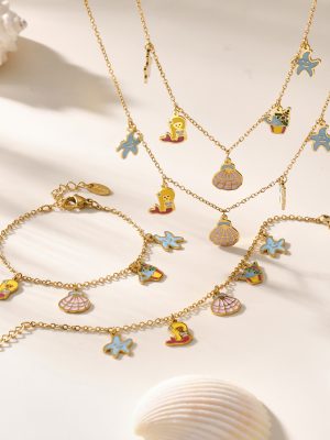 Dopamine Dripping Mermaid Multi-Element Necklace Bracelet Anklet Stainless Steel Cute Sweet Children's Suit