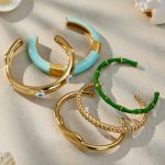 Colored Enamel Glaze Stainless Steel Open-Ended Bracelet Combination Plated 18K Real Gold Jewelry