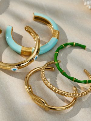 Colored Enamel Glaze Stainless Steel Open-Ended Bracelet Combination Plated 18K Real Gold Jewelry