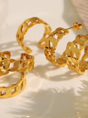 French Street Cover Girl Chain Hollow Chain Small Ear Ring Ear Stud and Ring Stainless Steel 18K Gold Plating