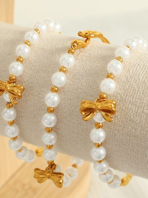 Personalized Design Stainless Steel Imitation Pearl Bracelet Light Luxury High Class Elegant Bow Bracelet Ornament