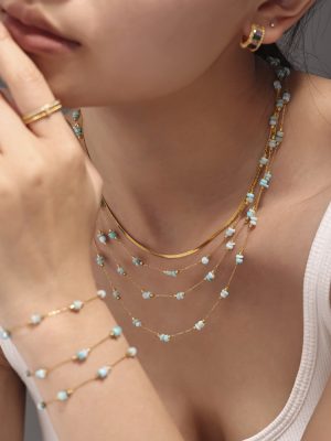 Colorful Natural Stone Light Luxury Double-Layer Necklace Bracelet Women's Stainless Steel Handmade Chain Set Supply