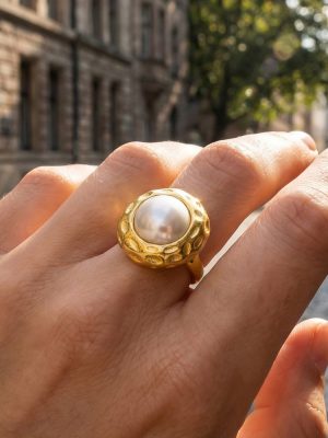 INS Stainless Steel Hammered Shell Pearls Open Ring Design 18K Real Gold Color Retaining Ring