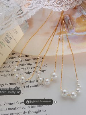 New Dongdaemun Imitation Pearl Necklace Women's Minimalistic Personalized Vertical Square Chain Stainless Steel 18K Gold Plating