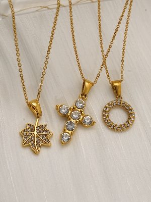 Stainless Steel 18K Gold Cross Leaves Inlaid Zircon Premium Necklace Female Accessories