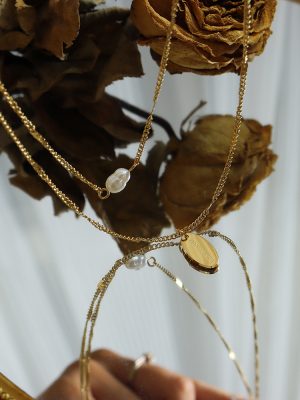 Graceful Personality Oval Brand Freshwater Pearl Multi-Layer Twin Necklace Women's Stainless Steel 18K Golden Clavicle Chain