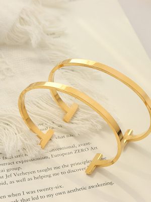 Personality Unisex All-Match Geometric T Shape Open-Ended Bracelet Female Stainless Steel Plated 18K Gold Hand Ornament Z153