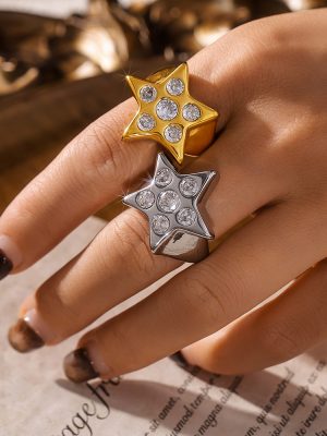 Light Luxury Pentagram Zircon Ring Opening Casting Stainless Steel Material XINGX Ornament