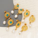 All-Match Retro Turquoise Pearl Fan-Shaped Stainless Steel Studs Women's 18K Gold Plating Premium Earrings
