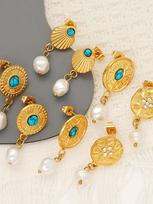 All-Match Retro Turquoise Pearl Fan-Shaped Stainless Steel Studs Women's 18K Gold Plating Premium Earrings