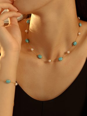 Natural Turquoise Imitation Pearl Necklace Bracelet Stainless Steel Light Luxury Temperament Set
