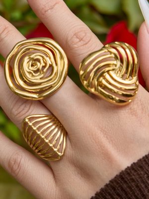 Light Luxury Geometric Line Ring Stainless Steel Plated 18K Gold Hollow Open-End Design Ring
