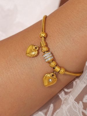 Ornament Double Peach Heart Sticky Czech Rhinestone Multi-Accessories Soft Snake Bracelet Stainless Steel