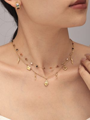 Ornament DIY Multi-Accessories Twin Necklace Bracelet Stainless Steel Plated 18K Real Gold Set