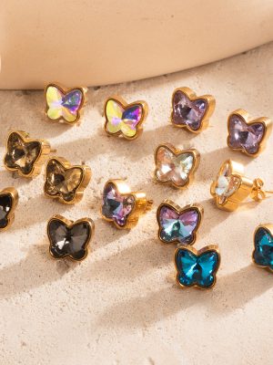 Cute Butterfly Rhinestone Stainless Steel Studs Colorful Crystals Women's Minimalism Personality Design Earrings
