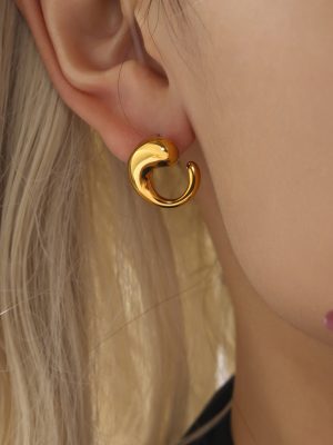 Korean Simple Curved Water Drop Ear Studs Stainless Steel Plated 18K Real Gold Light Luxury Earrings for Women