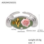 color: A092-Steel Color Pink Rose Flower Ring / size: US 7