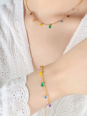 Light Luxury Midsummer Night Dream Rainbow Diamond Zircon Non-Fading Electroplated 18K Gold Bracelet Necklace Jewelry Set