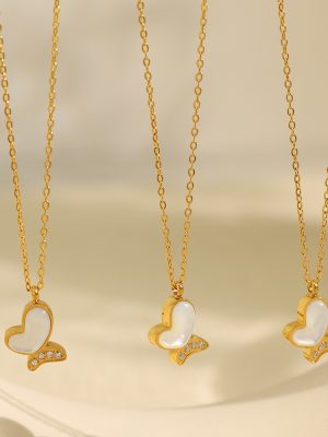 Stainless Steel Bath No Need to Take off Natural White Shell Butterfly Necklace CNC Zircon Inlaid Sweet Clavicle Chain Female