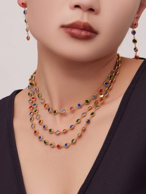 Luxury 5A round Zirconium Stitching Stainless Steel Bracelet Necklace Refined Grace Colorful Crystals Tassel Earrings Set