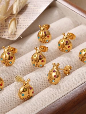 INS LADYBIRD Stainless Steel Studs Sweet Colorful Diamond-Embedded Advanced Insect Earrings