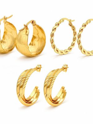 Stainless steel gold round ring earrings, women's wide-chain ear rings, three styles available.