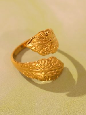 Stainless Steel Leaves Texture Open Ring Personality round Thread Ring Bracelet Rings