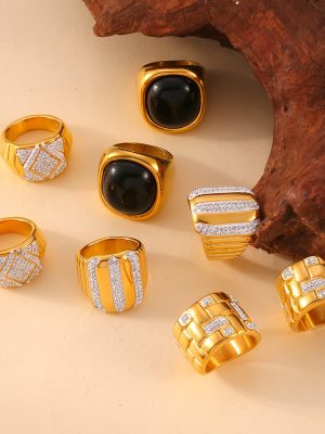 Simple Personality Affordable Luxury Ornament Geometric Diamond Agate Design Texture Stainless Steel Gold Plated Ring