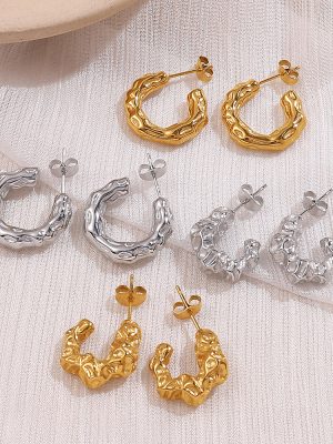 Vintage Crumpled C- Shaped Earrings Women's Stainless Steel Plated 18K Gold Premium Personalized Earrings