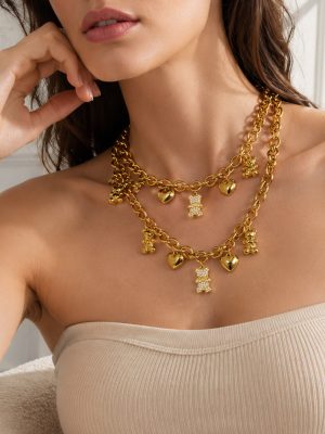 Advanced New Love Bear Inlaid Zircon Pendant Necklace Stainless Steel Necklace Female Accessories