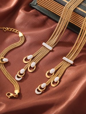 Exaggerated and Personalized Stainless Steel Gold-Plated Diamond Glaze Pendant Multi-Layer Necklace, Bracelet Set Ornament