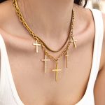Exquisite Inlaid Zircon Cross Stainless Steel Plated 18K Pendant Double-Layer Necklace