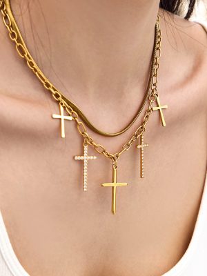 Exquisite Inlaid Zircon Cross Stainless Steel Plated 18K Pendant Double-Layer Necklace