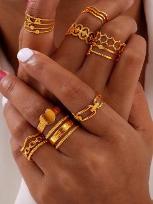 British Retro Geometric Hollow out Stitching Design Index Finger Ring Stainless Steel Gold-Plated Open Ring Level Ornament
