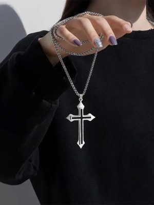 Hip Hop Accessories Simple Stainless Steel Necklace Fashionable Men Black Cross Pendant Female Cold Pendant