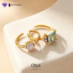 Retro Gentle Square Sea Blue Zircon Ring Stainless Steel 18K Gold Plating Geometric Light Luxury Opening