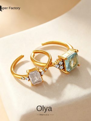 Retro Gentle Square Sea Blue Zircon Ring Stainless Steel 18K Gold Plating Geometric Light Luxury Opening