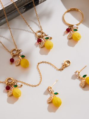 Fresh Lemon Pendant Earrings Studded with Zircon Necklace 18K Gold Plating All-Match Fruit Jewelry