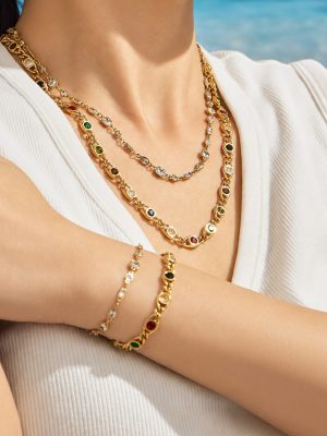Oval Mosaic Color Zircon Stainless Steel Simple and Light Luxury Female Accessories Bracelet Necklace