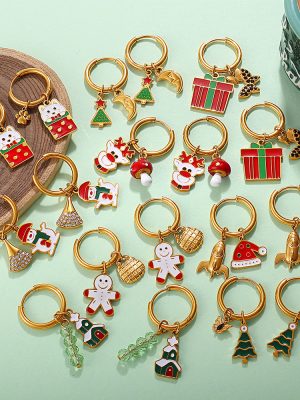 New Cartoon Creative Christmas Series DIY Tree Pendant Earrings Stainless Steel 18K Gold Plating Earrings