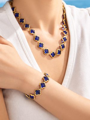 Minimalist Geometric New Stainless Steel Gold-Plated Red Glass Four-Petal Flower Necklace Bracelet Earrings Female Accessories