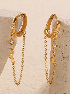 Simple Elegant Earrings Ear Clip Micro Inlaid Zircon Stainless Steel 18K Gold Plating Personalized Drop Earrings