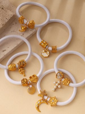 Vintage Hollow Beaded Multi-Element Pendant White Elastic Hair Ring Light Luxury 18K Gold Plating Sweet Hair Accessories