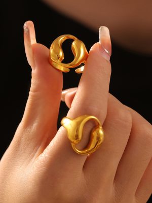 Double Water Drop Hollow round Ring 18K Gold Plated New Stainless Steel Opening Ring Ornament