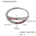 color: A030-Steel Color Pink Rhinestone Shell Pearl Ring / size: US 7