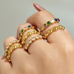Round Beads Color Zircon Ring Stainless Steel Gold Plated Simple Women Index Finger Ring Ring Set