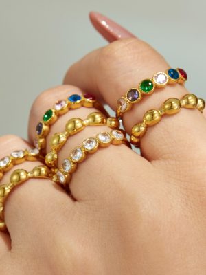 Round Beads Color Zircon Ring Stainless Steel Gold Plated Simple Women Index Finger Ring Ring Set