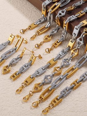 New Stainless Steel 18K Gold Plated Earrings Bracelet and Necklace Set Hip Hop Women
